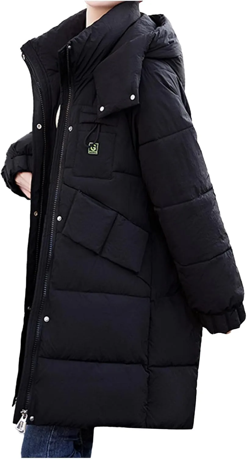 lcziwo Women's Winter Thicken Puffer Coat with Hood Stand Collar Long Cotton Padded Quilted Jackets Pockets Snow Outwear