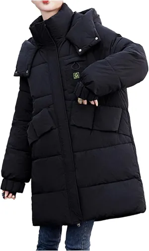 lcziwo Women's Winter Thicken Puffer Coat with Hood Stand Collar Long Cotton Padded Quilted Jackets Pockets Snow Outwear