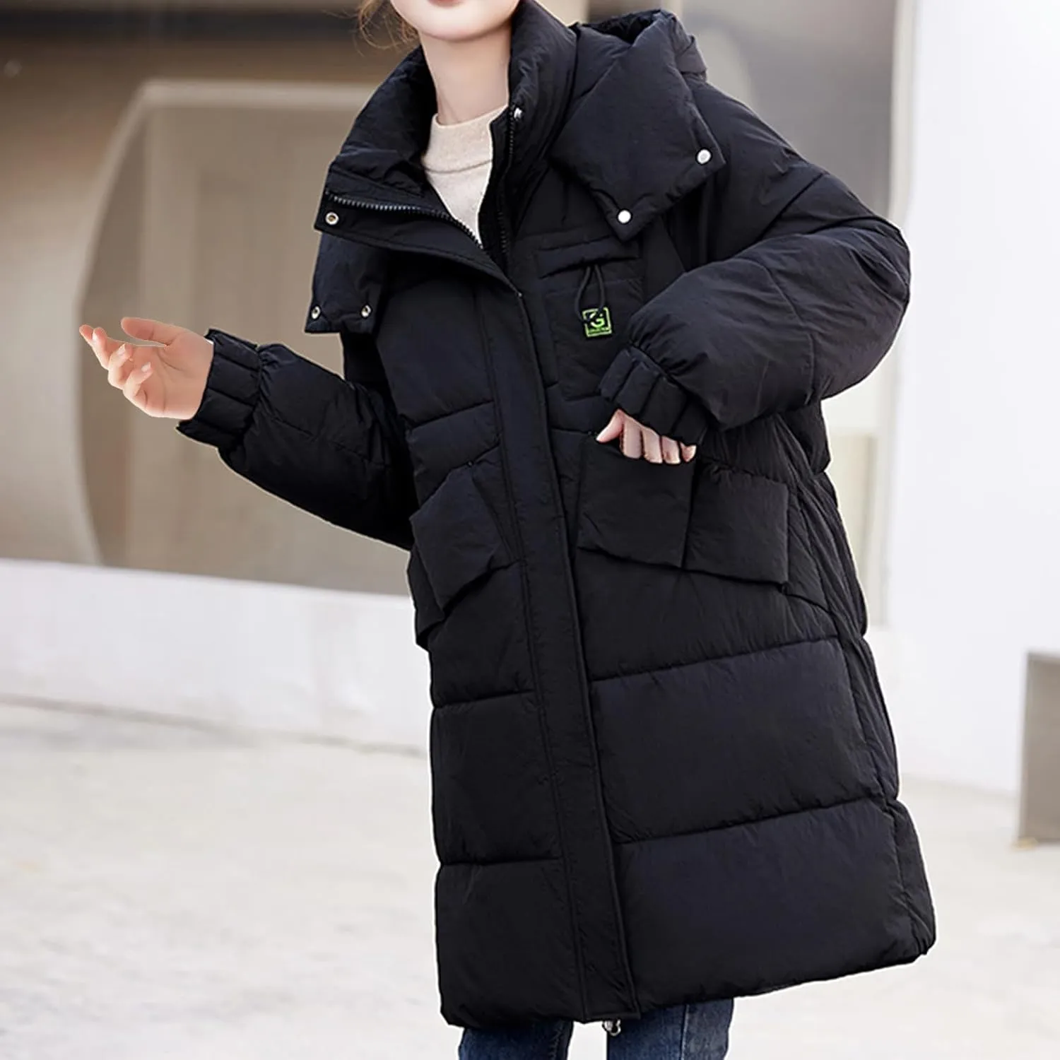 lcziwo Women's Winter Thicken Puffer Coat with Hood Stand Collar Long Cotton Padded Quilted Jackets Pockets Snow Outwear