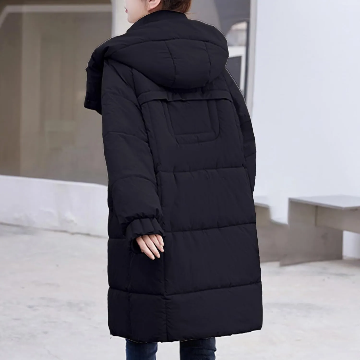 lcziwo Women's Winter Thicken Puffer Coat with Hood Stand Collar Long Cotton Padded Quilted Jackets Pockets Snow Outwear