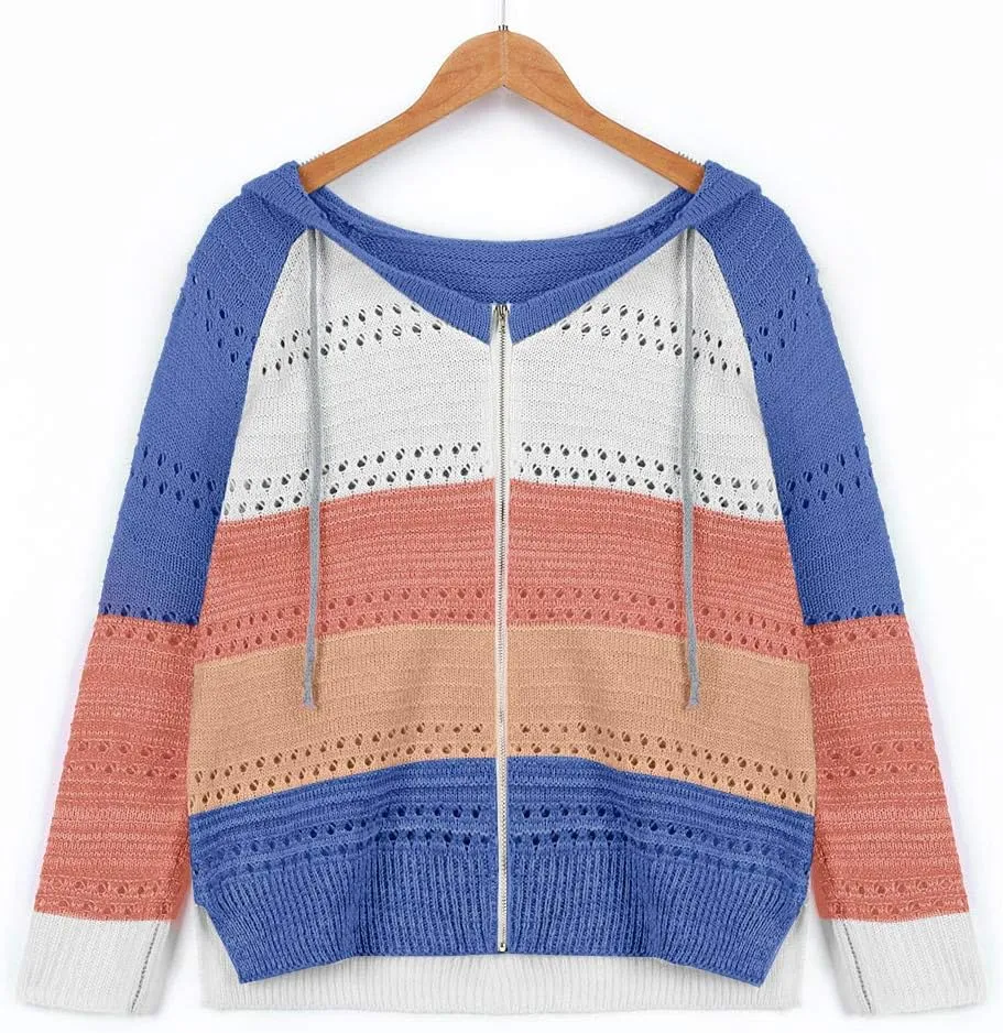 LFEOOST Women Long Sleeve Zip Up Hoodies Color Block Striped Casual V Neck Knit Pullover Sweater Loose Lightweight Sweatshirt