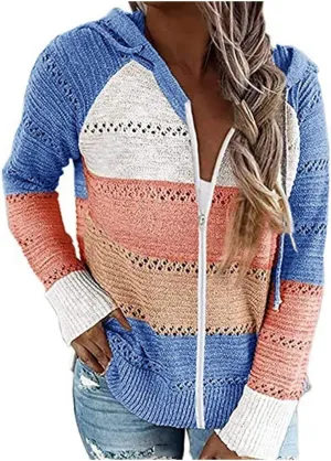 LFEOOST Women Long Sleeve Zip Up Hoodies Color Block Striped Casual V Neck Knit Pullover Sweater Loose Lightweight Sweatshirt