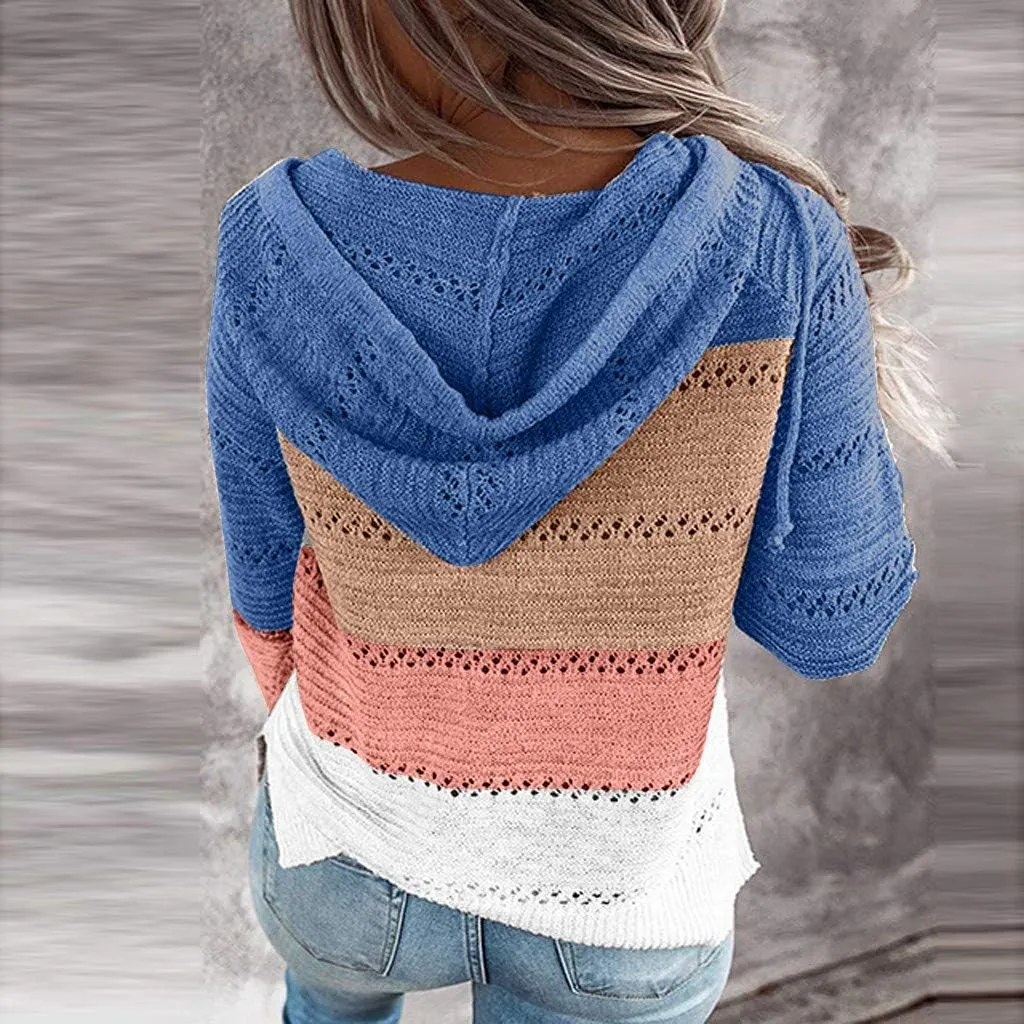 LFEOOST Women Long Sleeve Zip Up Hoodies Color Block Striped Casual V Neck Knit Pullover Sweater Loose Lightweight Sweatshirt