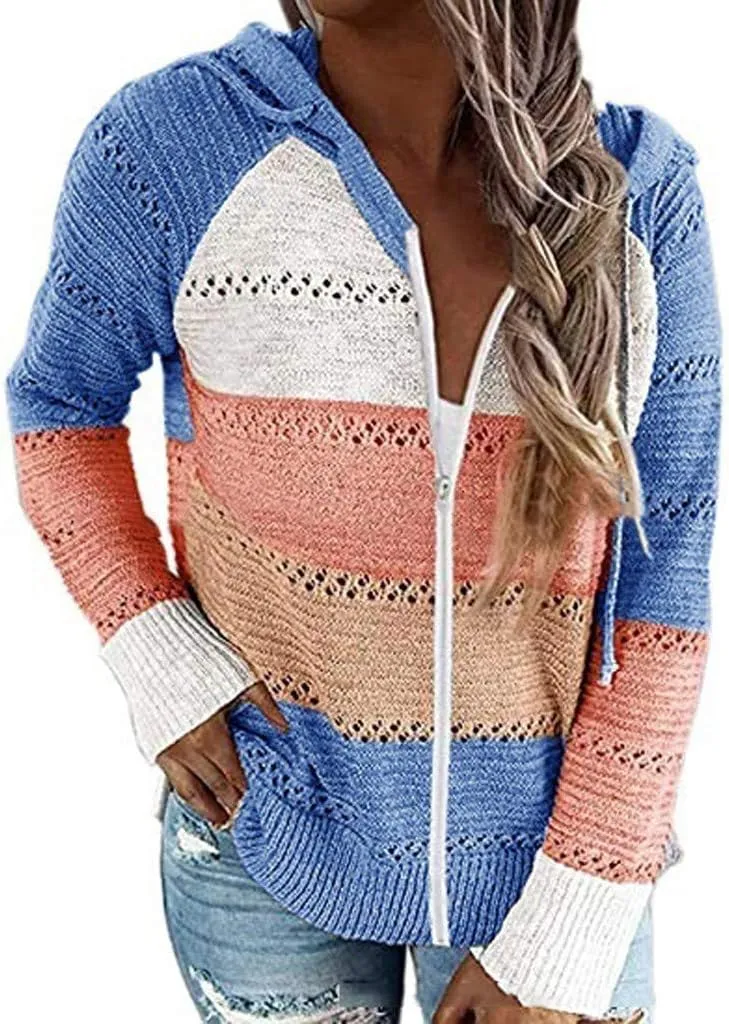 LFEOOST Women Long Sleeve Zip Up Hoodies Color Block Striped Casual V Neck Knit Pullover Sweater Loose Lightweight Sweatshirt