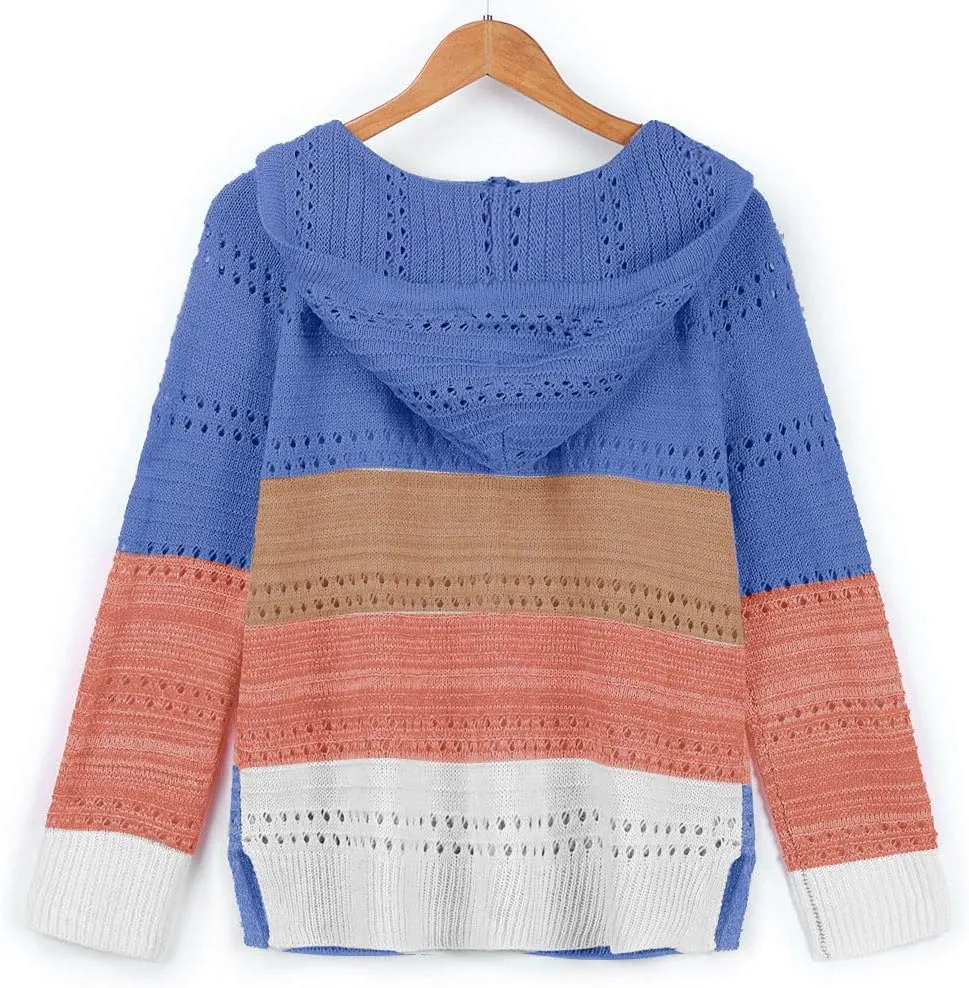 LFEOOST Women Long Sleeve Zip Up Hoodies Color Block Striped Casual V Neck Knit Pullover Sweater Loose Lightweight Sweatshirt