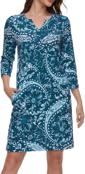 Lightbare Womens 3/4 Sleeve Dress with Pockets UPF 50  Casual Sun Dress Breathable Quick Dry for Beach Hiking Outdoors Party