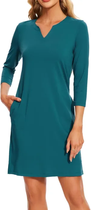 Lightbare Womens 3/4 Sleeve Dress with Pockets UPF 50  Casual Sun Dress Breathable Quick Dry for Beach Hiking Outdoors Party