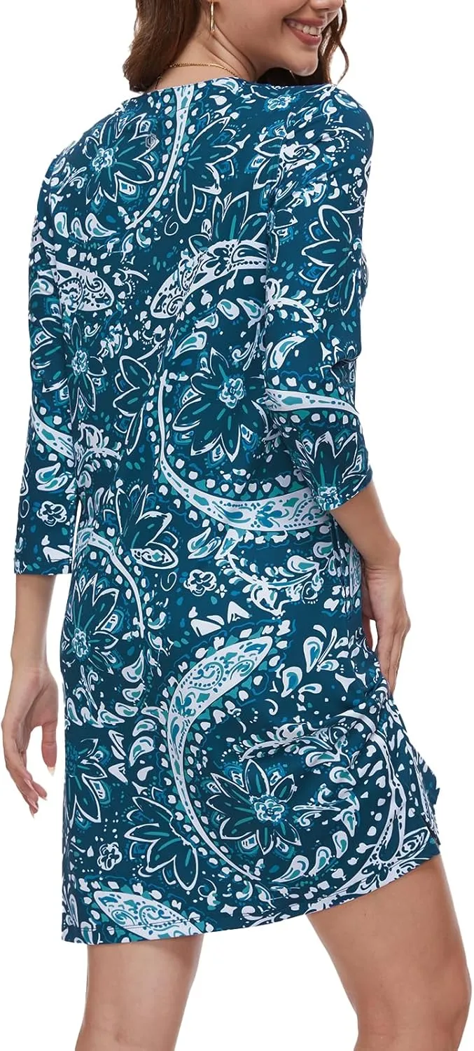 Lightbare Womens 3/4 Sleeve Dress with Pockets UPF 50  Casual Sun Dress Breathable Quick Dry for Beach Hiking Outdoors Party