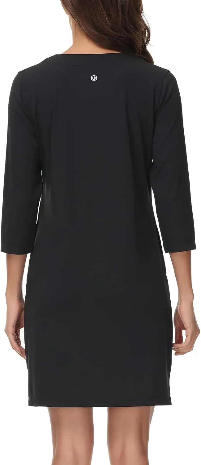 Lightbare Womens 3/4 Sleeve Dress with Pockets UPF 50  Casual Sun Dress Breathable Quick Dry for Beach Hiking Outdoors Party