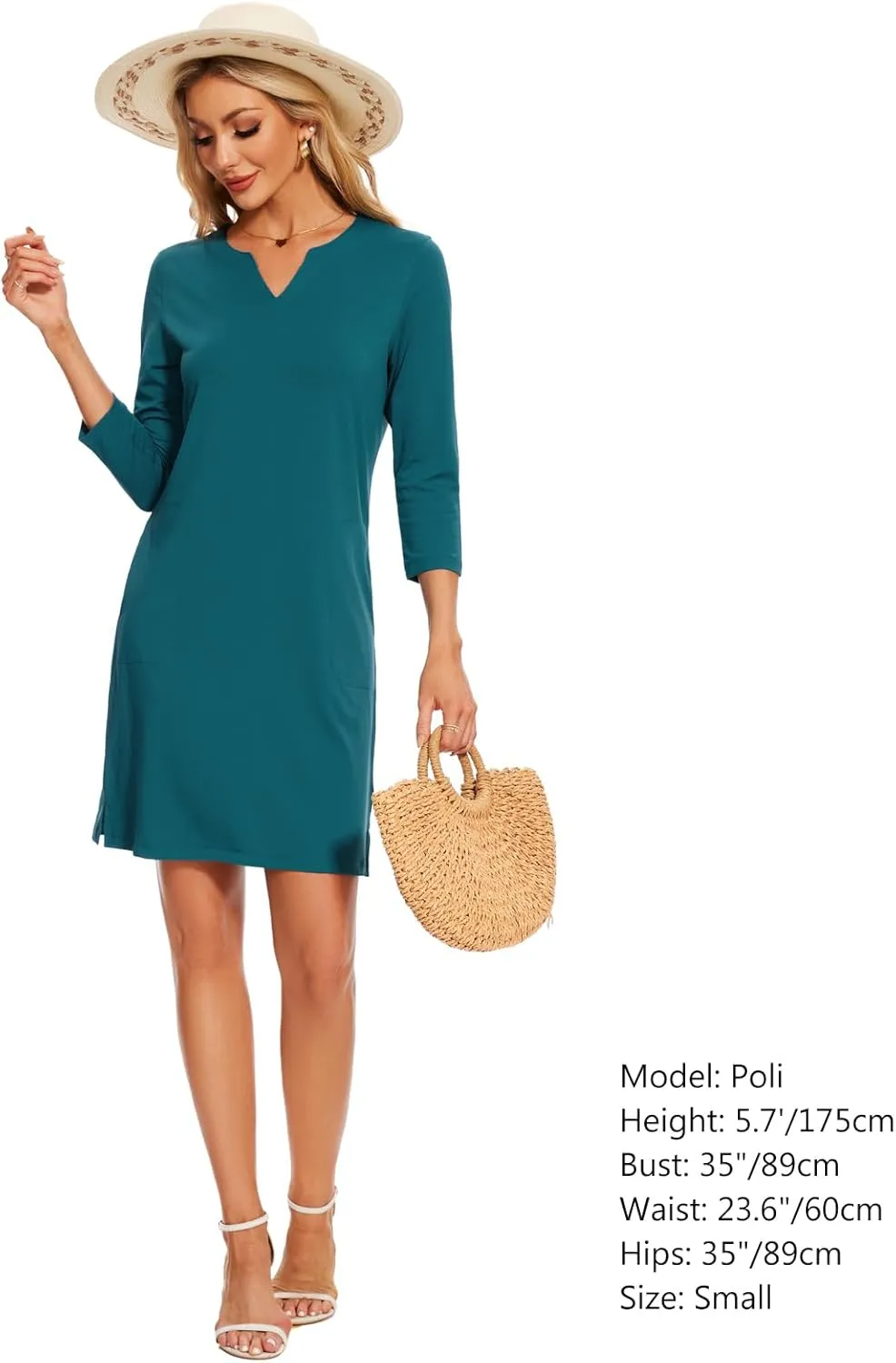 Lightbare Womens 3/4 Sleeve Dress with Pockets UPF 50  Casual Sun Dress Breathable Quick Dry for Beach Hiking Outdoors Party