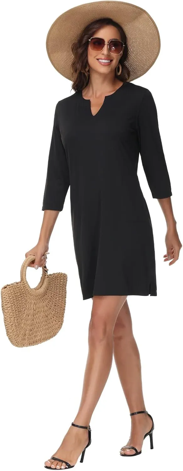Lightbare Womens 3/4 Sleeve Dress with Pockets UPF 50  Casual Sun Dress Breathable Quick Dry for Beach Hiking Outdoors Party