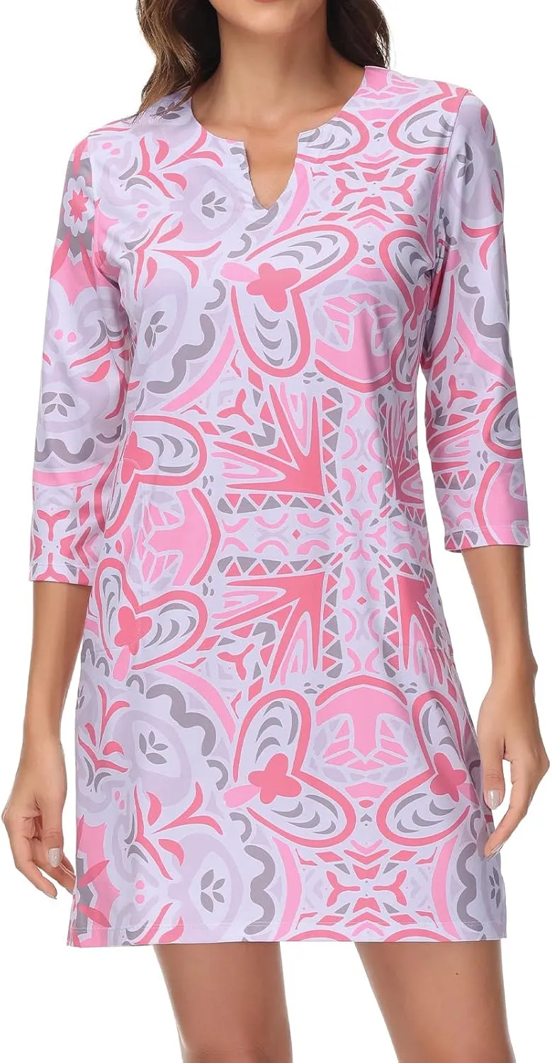 Lightbare Womens 3/4 Sleeve Dress with Pockets UPF 50  Casual Sun Dress Breathable Quick Dry for Beach Hiking Outdoors Party