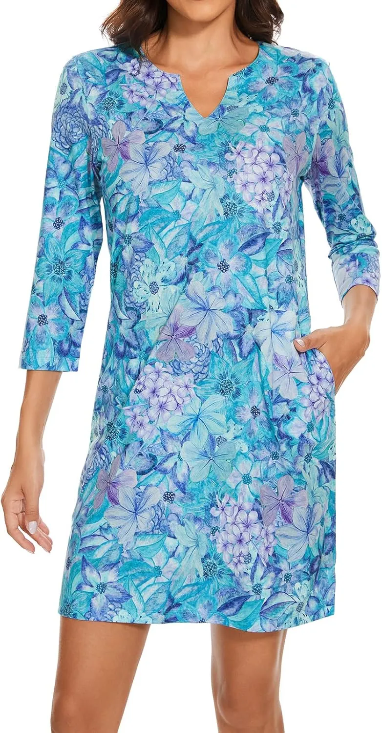 Lightbare Womens 3/4 Sleeve Dress with Pockets UPF 50  Casual Sun Dress Breathable Quick Dry for Beach Hiking Outdoors Party