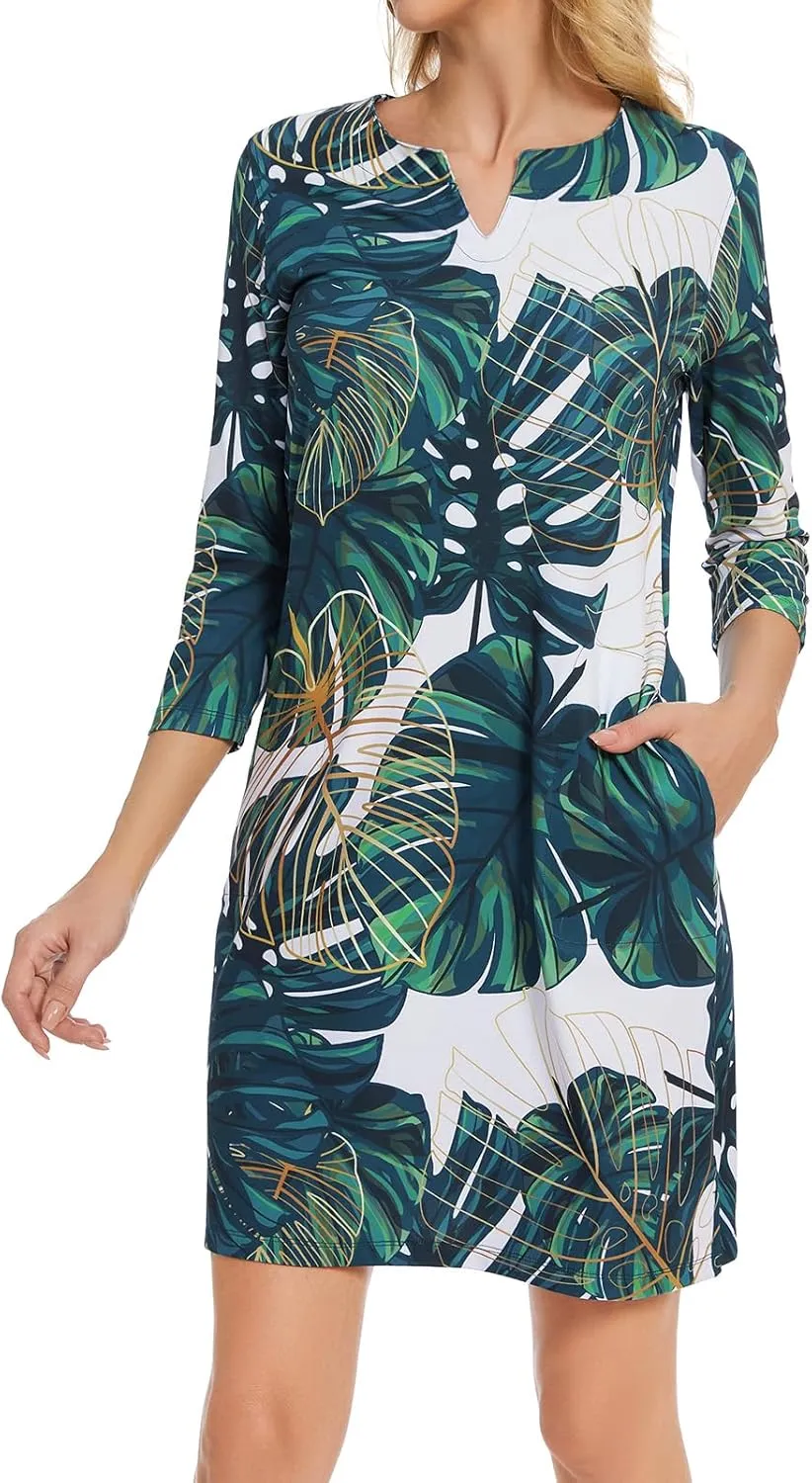 Lightbare Womens 3/4 Sleeve Dress with Pockets UPF 50  Casual Sun Dress Breathable Quick Dry for Beach Hiking Outdoors Party