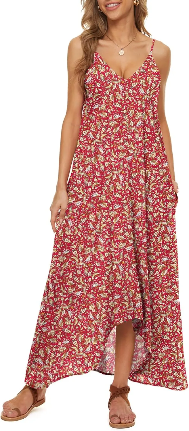 LILBETTER Women V-Neck Polka Dot Print Spaghetti Strap Boho Long Maxi Dresses