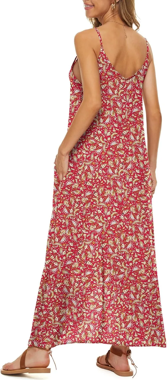 LILBETTER Women V-Neck Polka Dot Print Spaghetti Strap Boho Long Maxi Dresses