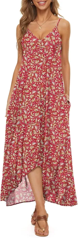 LILBETTER Women V-Neck Polka Dot Print Spaghetti Strap Boho Long Maxi Dresses