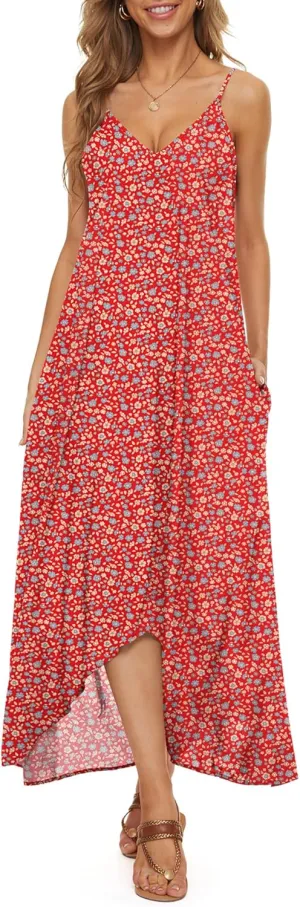 LILBETTER Women V-Neck Polka Dot Print Spaghetti Strap Boho Long Maxi Dresses