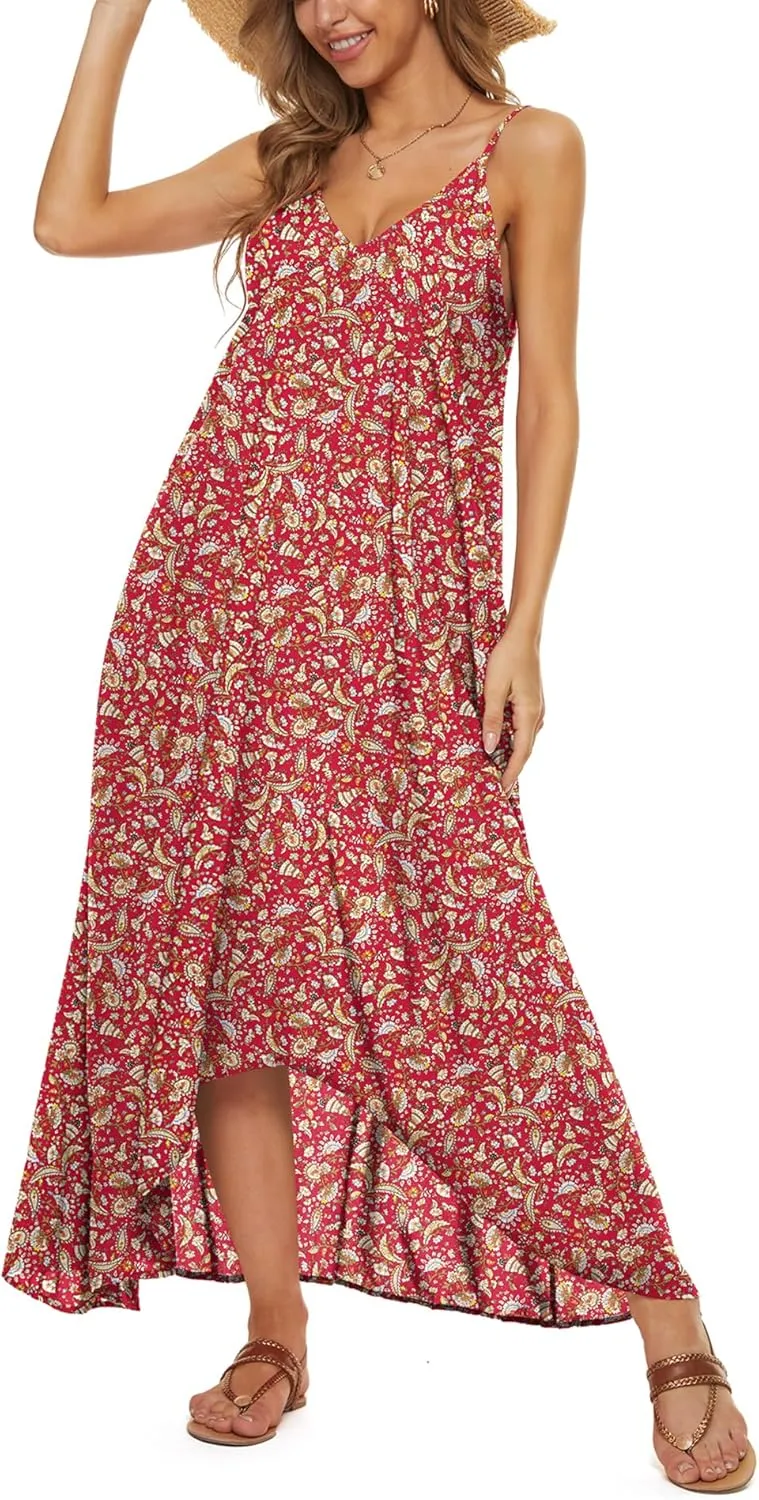 LILBETTER Women V-Neck Polka Dot Print Spaghetti Strap Boho Long Maxi Dresses