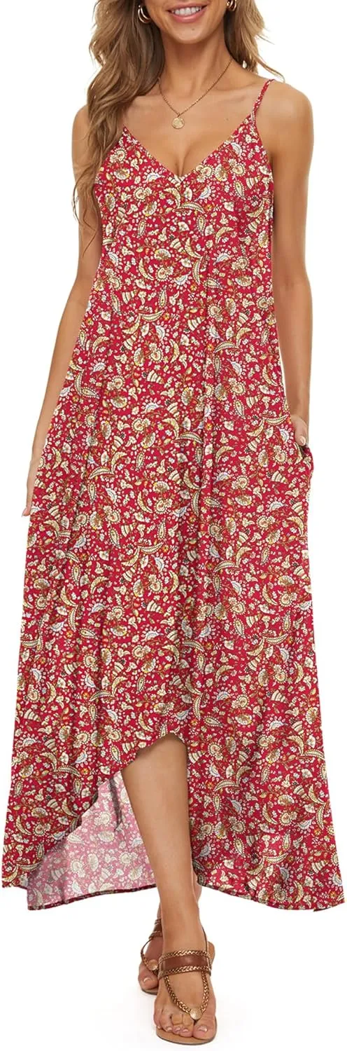 LILBETTER Women V-Neck Polka Dot Print Spaghetti Strap Boho Long Maxi Dresses