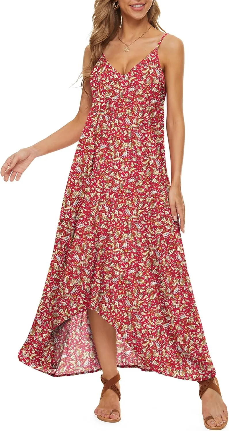 LILBETTER Women V-Neck Polka Dot Print Spaghetti Strap Boho Long Maxi Dresses
