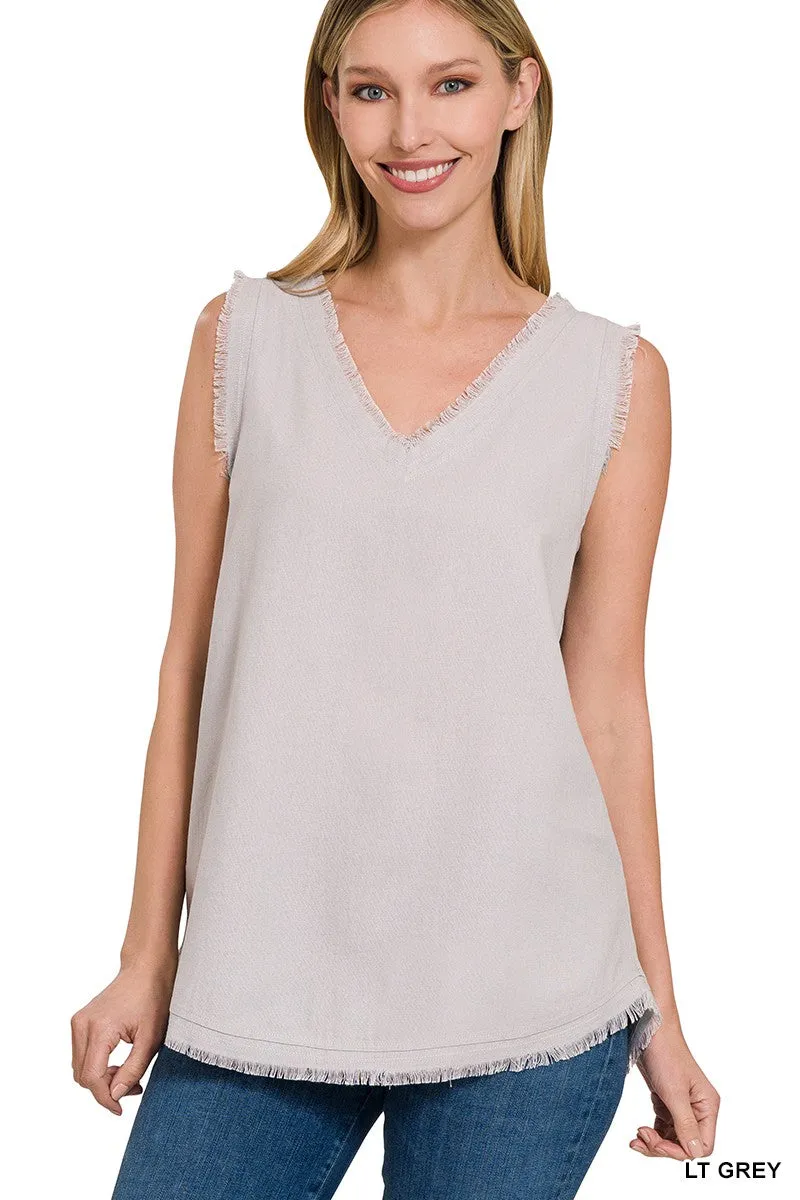 LINEN FRAYED EDGE V-NECK SLEEVELESS TOP in LT GREY