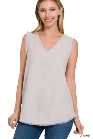 LINEN FRAYED EDGE V-NECK SLEEVELESS TOP in LT GREY