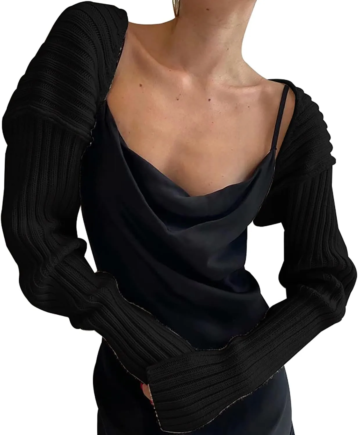 LOFAAC Women Y2K Open Front Rib Knit Shrug Crop Cardigan Solid Drop Shoulder Puff Long Sleeve Crop Bolero Sweater Tops