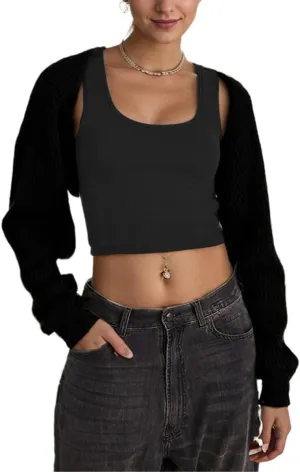 LOFAAC Women Y2K Open Front Rib Knit Shrug Crop Cardigan Solid Drop Shoulder Puff Long Sleeve Crop Bolero Sweater Tops