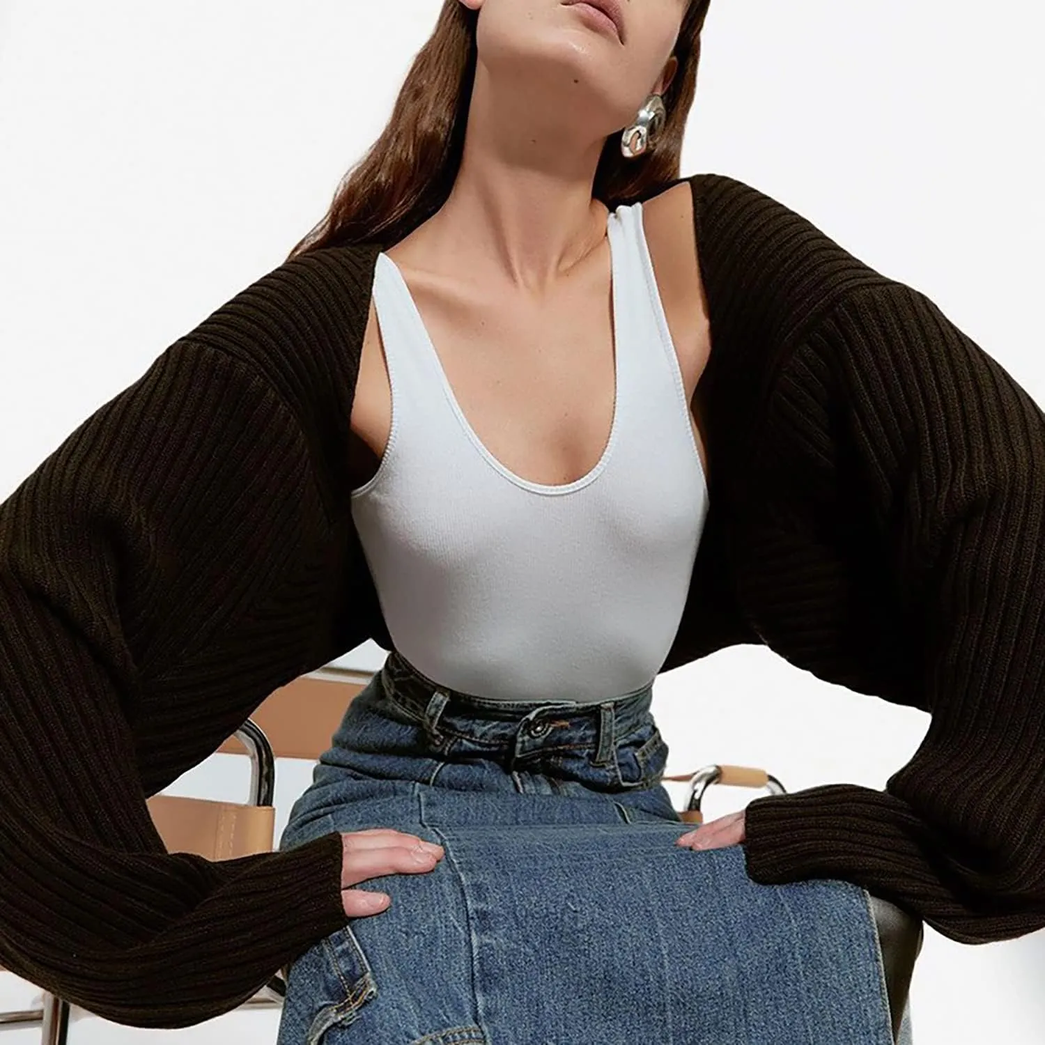 LOFAAC Women Y2K Open Front Rib Knit Shrug Crop Cardigan Solid Drop Shoulder Puff Long Sleeve Crop Bolero Sweater Tops