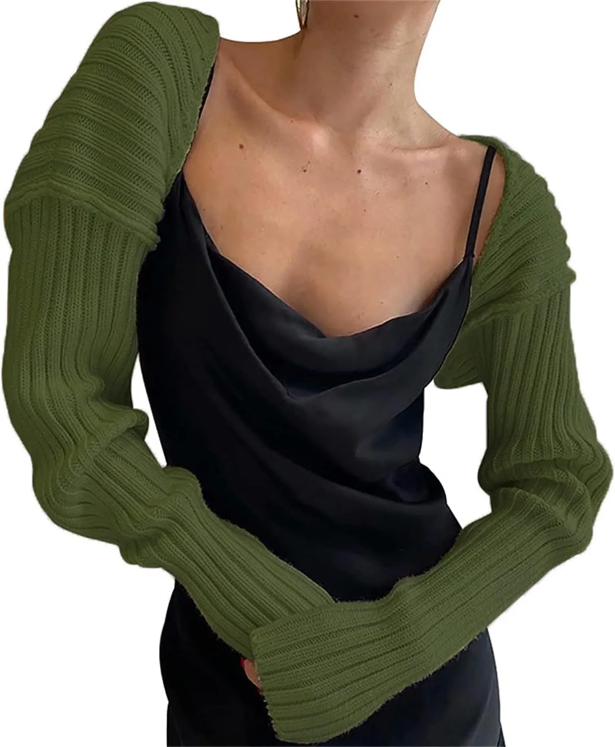 LOFAAC Women Y2K Open Front Rib Knit Shrug Crop Cardigan Solid Drop Shoulder Puff Long Sleeve Crop Bolero Sweater Tops
