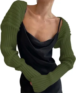 LOFAAC Women Y2K Open Front Rib Knit Shrug Crop Cardigan Solid Drop Shoulder Puff Long Sleeve Crop Bolero Sweater Tops