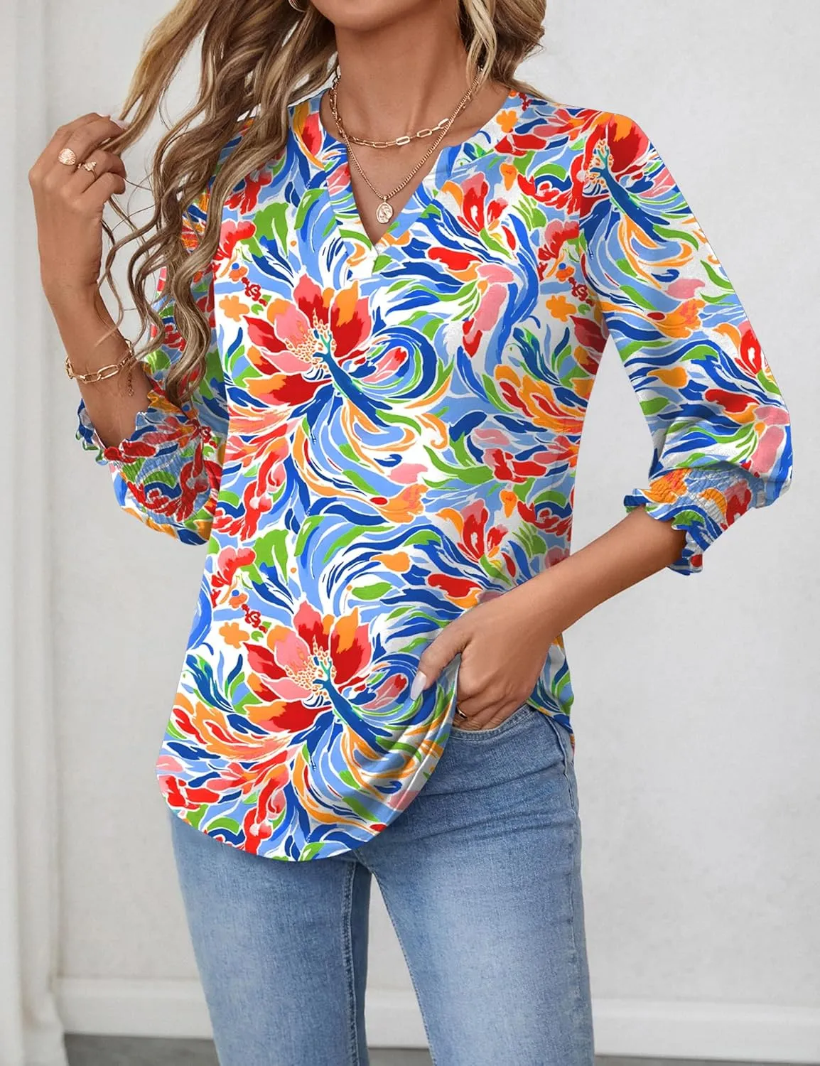 LOMON Women's 2025 Fashion Tops 3/4 Length Sleeve Business Casual Blouses Summer Tees Shirts