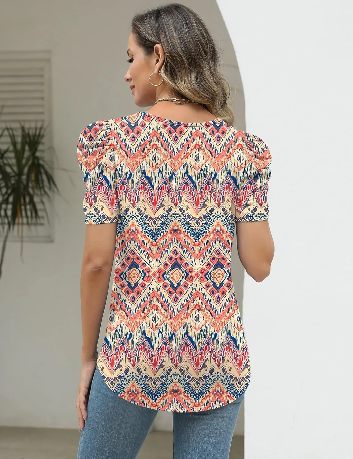 LOMON Womens Puff Short Sleeve Shirt Summer Tops V Neck Casual T Shirts Loose Fit Blouses