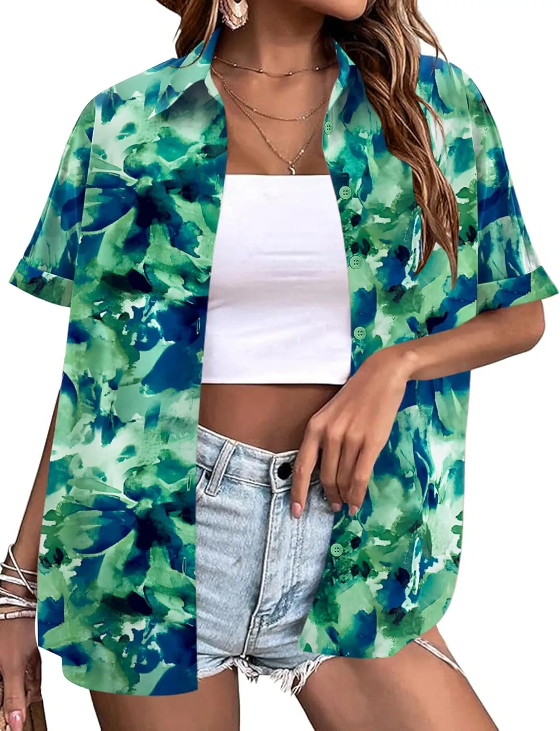 LOMON Women's Summer Hawaiian Shirts Floral Short Sleeve Button Down Shirts Hawaii Tropical Beach Tops Outfits