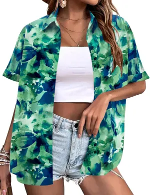 LOMON Women's Summer Hawaiian Shirts Floral Short Sleeve Button Down Shirts Hawaii Tropical Beach Tops Outfits