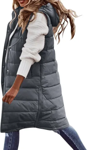 Long Puffer Vest Women Quilted Hooded Sleeveless Down Vest Outerwear Padded Jacket Fall Winter Coat with Pockets