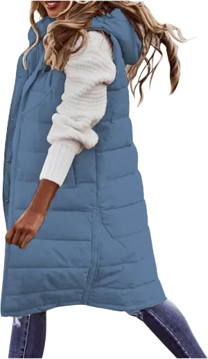 Long Puffer Vest Women Quilted Hooded Sleeveless Down Vest Outerwear Padded Jacket Fall Winter Coat with Pockets