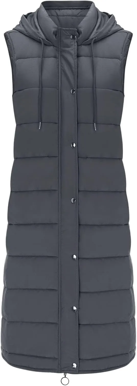 Long Puffer Vest Women Quilted Hooded Sleeveless Down Vest Outerwear Padded Jacket Fall Winter Coat with Pockets