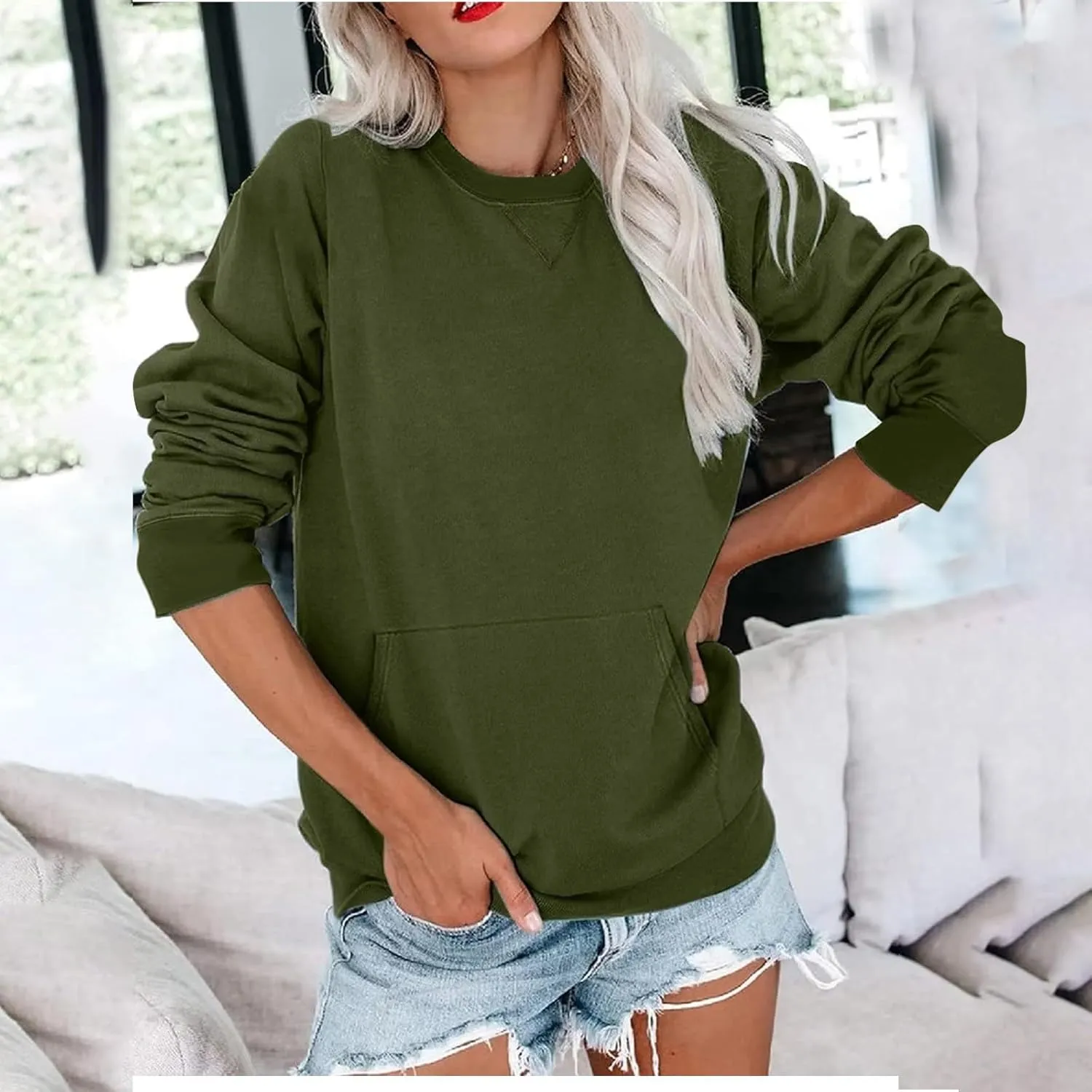 LRMQS Womens Crewneck Long Sleeve Sweatshirt with Kangaroo Pocket Solid Color Pullover Sweatshirts Fall 2023 Fashion Shirt