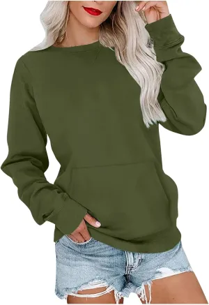 LRMQS Womens Crewneck Long Sleeve Sweatshirt with Kangaroo Pocket Solid Color Pullover Sweatshirts Fall 2023 Fashion Shirt