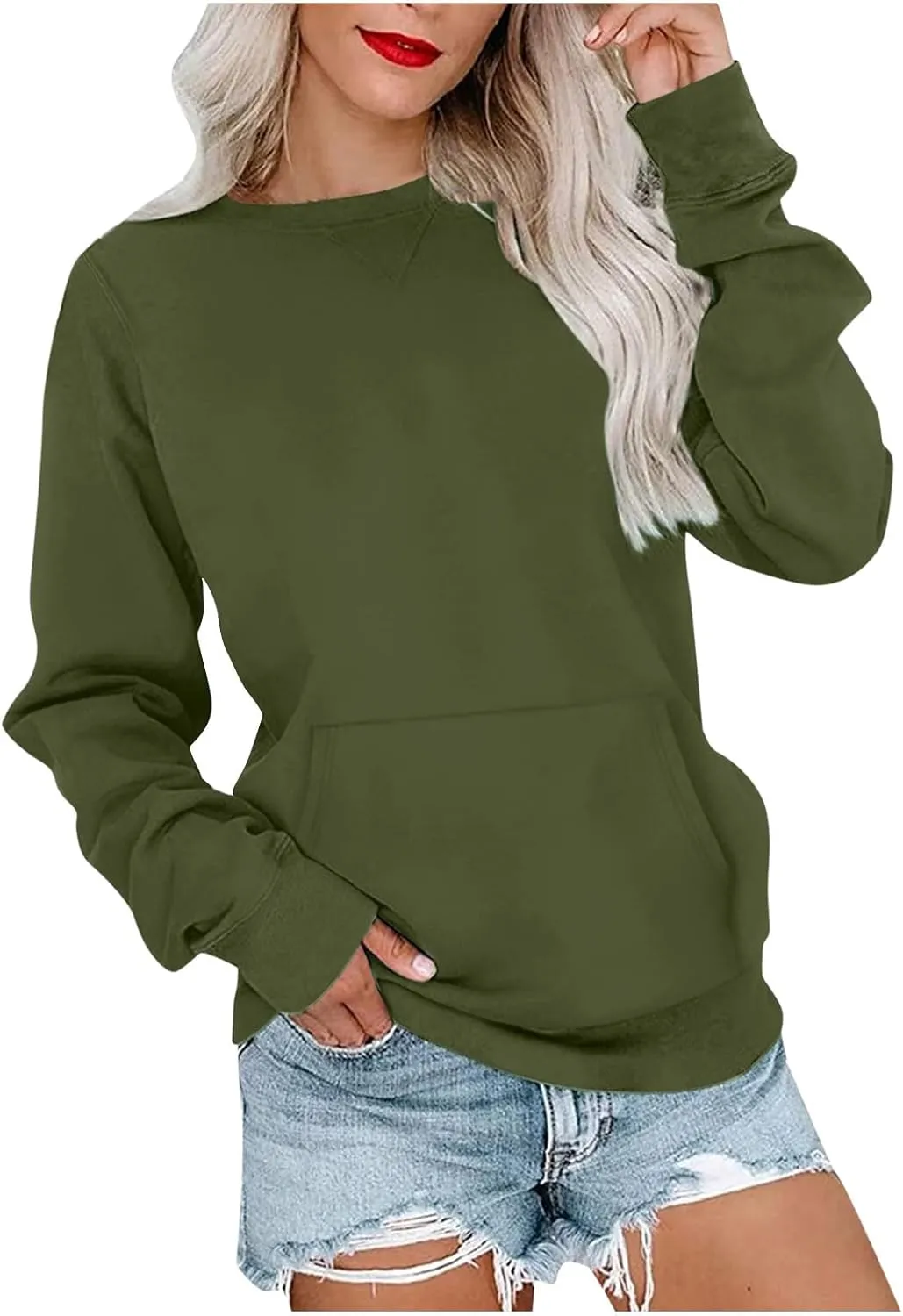 LRMQS Womens Crewneck Long Sleeve Sweatshirt with Kangaroo Pocket Solid Color Pullover Sweatshirts Fall 2023 Fashion Shirt