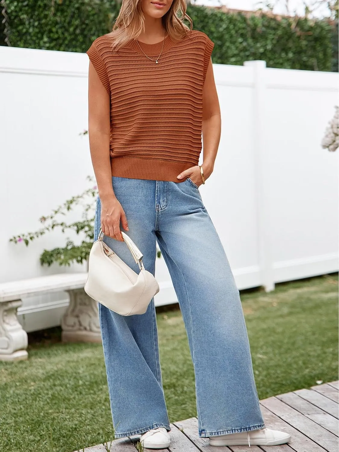 Lueluoye Women's Summer Knit Sweater Vest Cap Sleeve Casual Trendy Crew Neck Ribbed Pullover Tank Tops