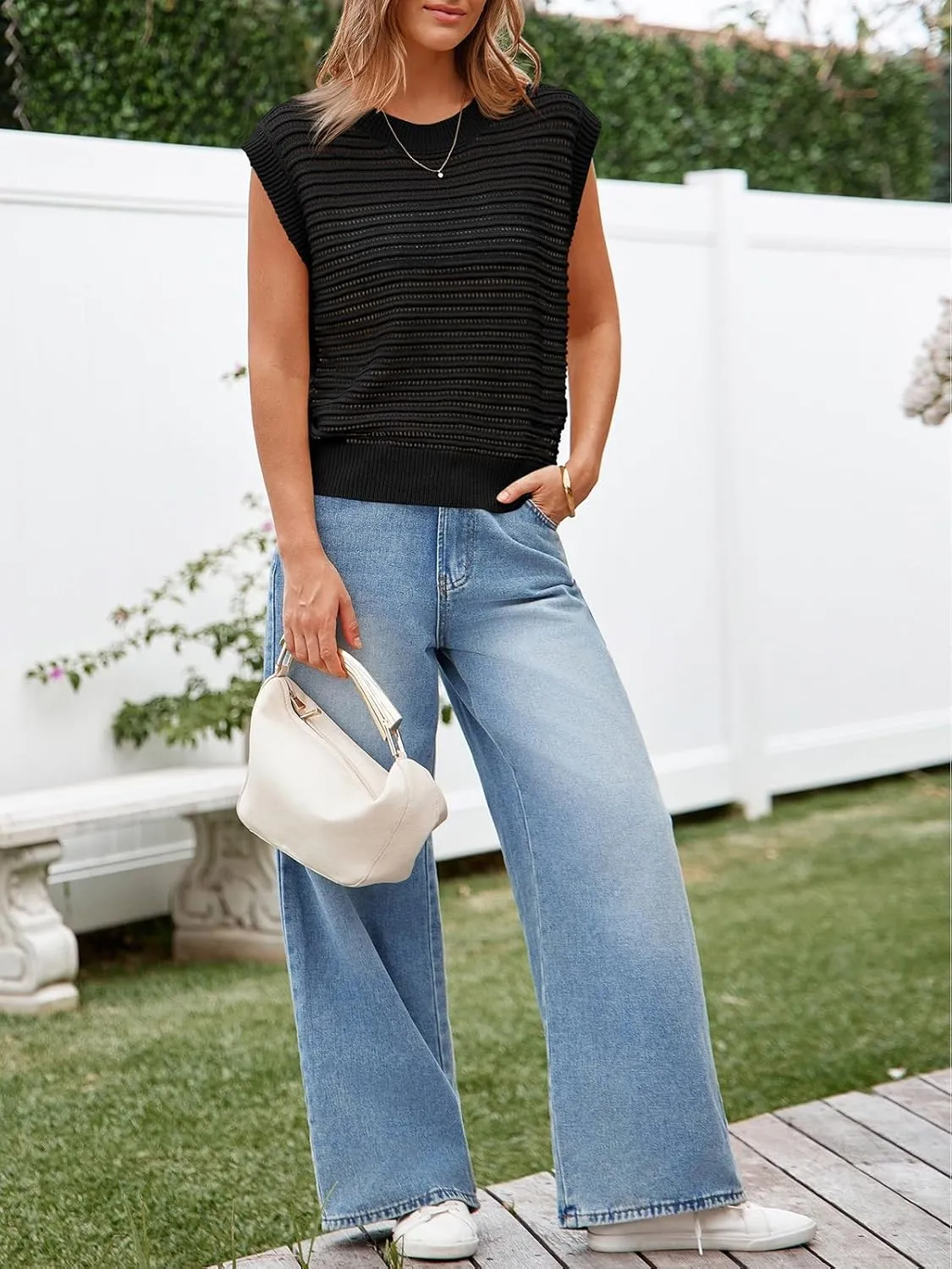 Lueluoye Women's Summer Knit Sweater Vest Cap Sleeve Casual Trendy Crew Neck Ribbed Pullover Tank Tops