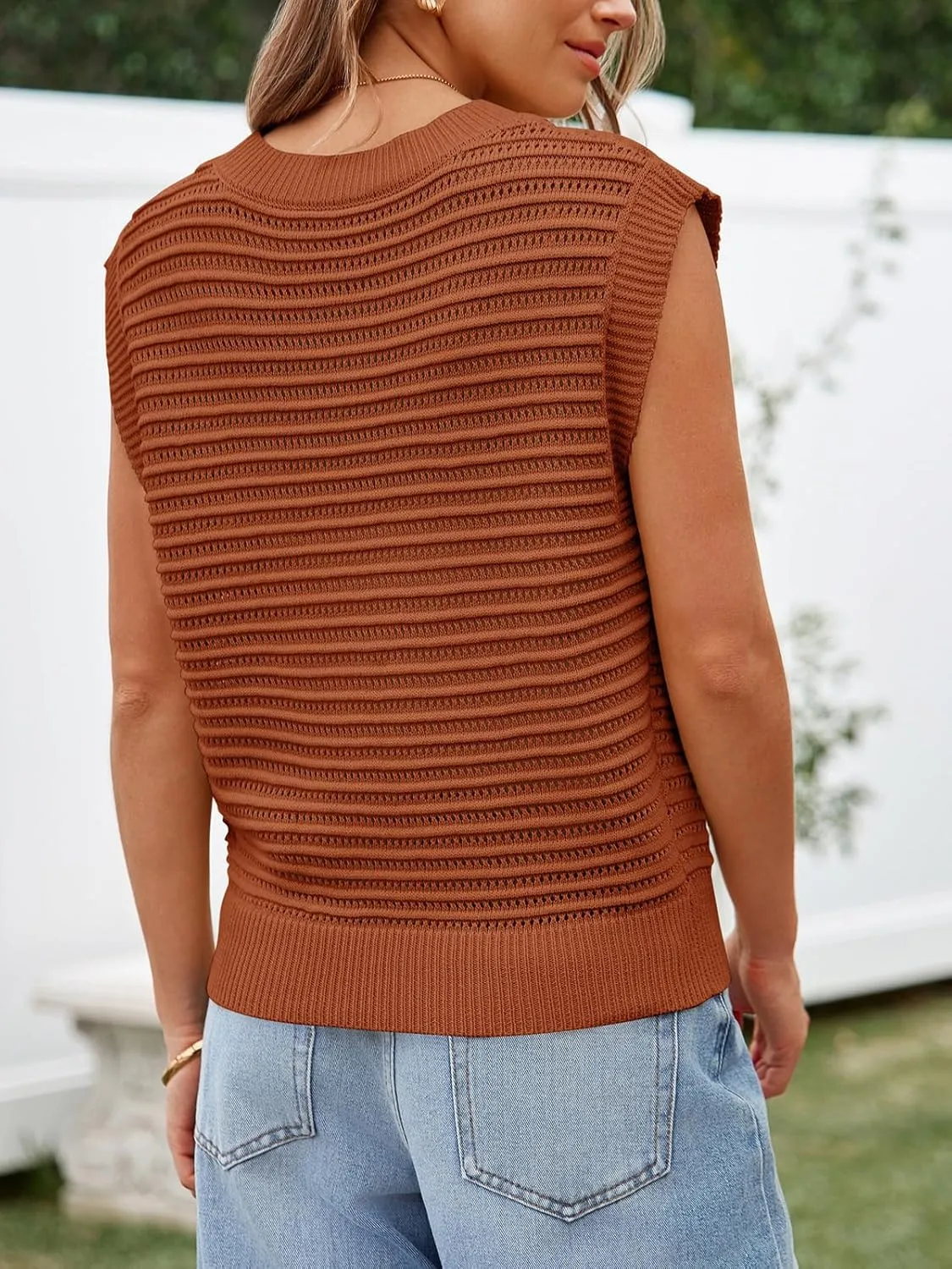Lueluoye Women's Summer Knit Sweater Vest Cap Sleeve Casual Trendy Crew Neck Ribbed Pullover Tank Tops