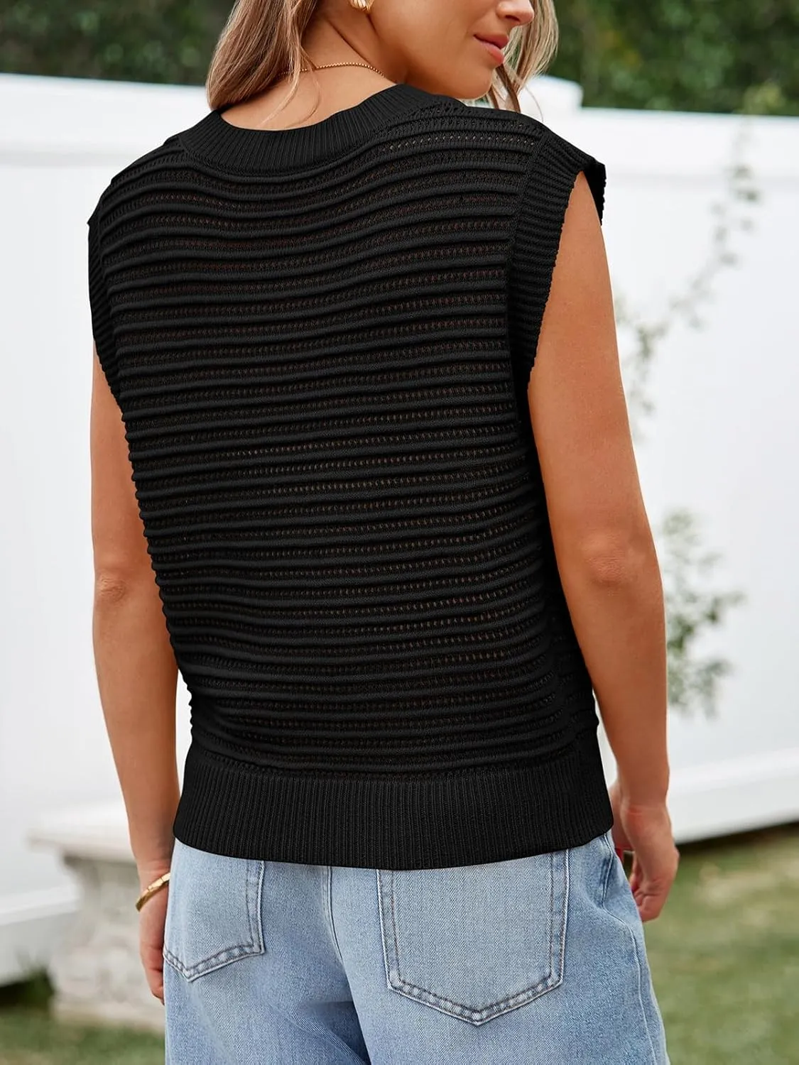 Lueluoye Women's Summer Knit Sweater Vest Cap Sleeve Casual Trendy Crew Neck Ribbed Pullover Tank Tops