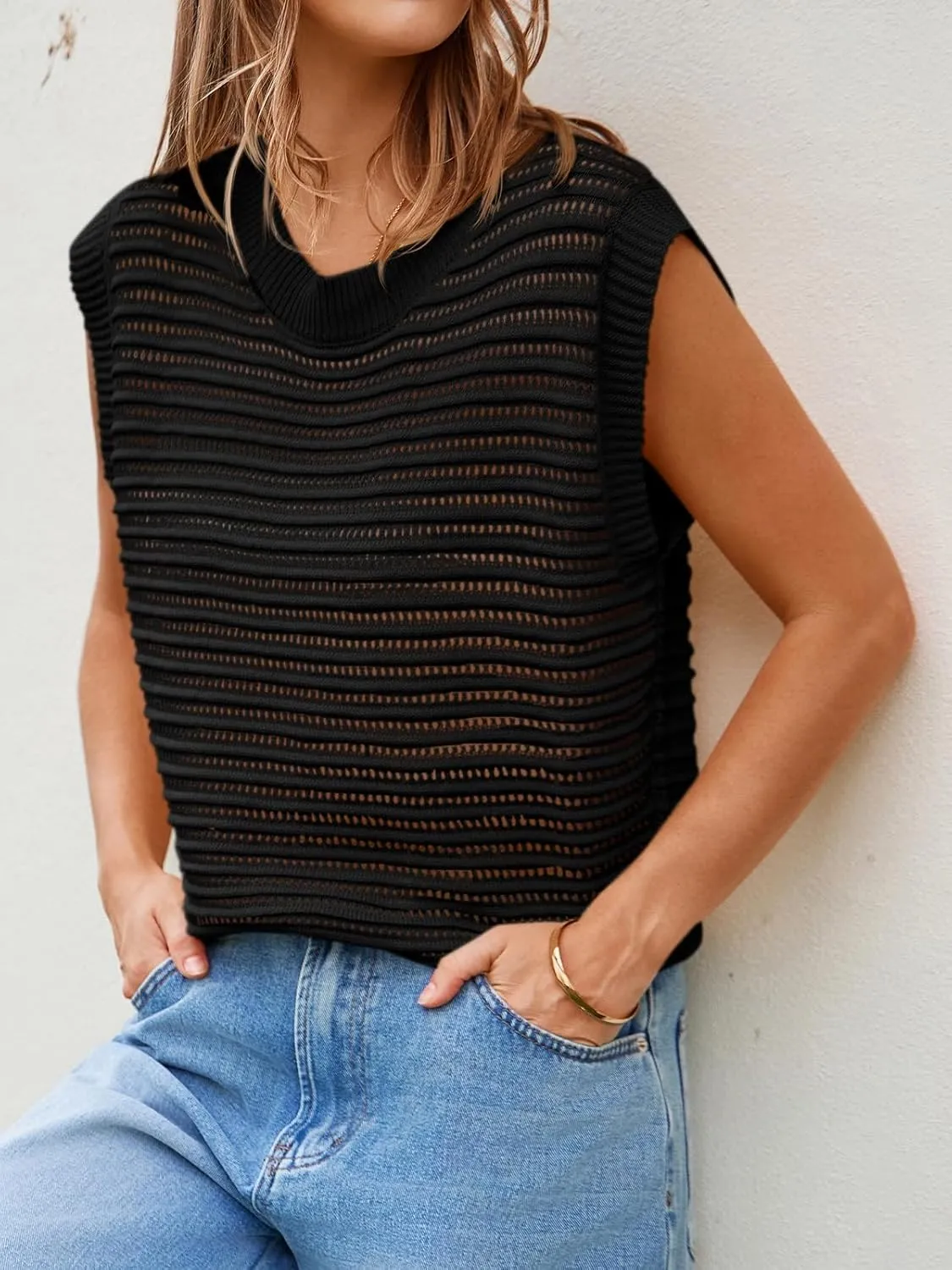 Lueluoye Women's Summer Knit Sweater Vest Cap Sleeve Casual Trendy Crew Neck Ribbed Pullover Tank Tops