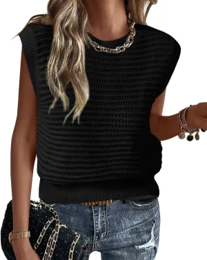 Lueluoye Women's Summer Knit Sweater Vest Cap Sleeve Casual Trendy Crew Neck Ribbed Pullover Tank Tops