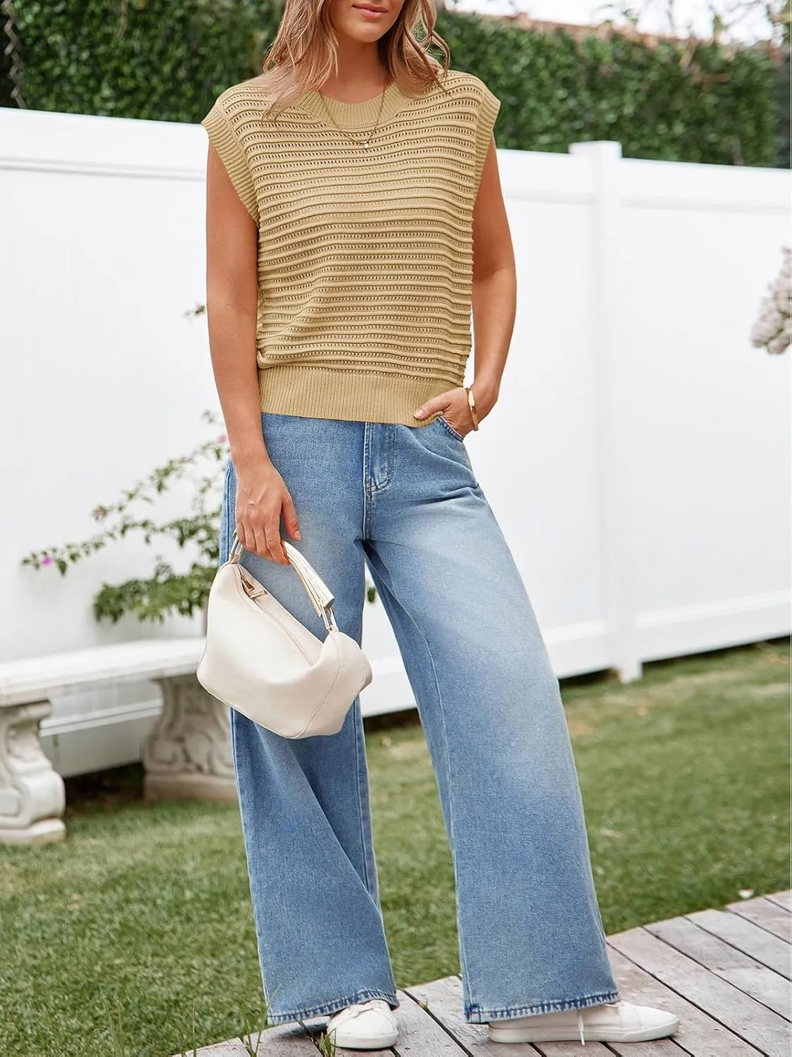 Lueluoye Women's Summer Knit Sweater Vest Cap Sleeve Casual Trendy Crew Neck Ribbed Pullover Tank Tops