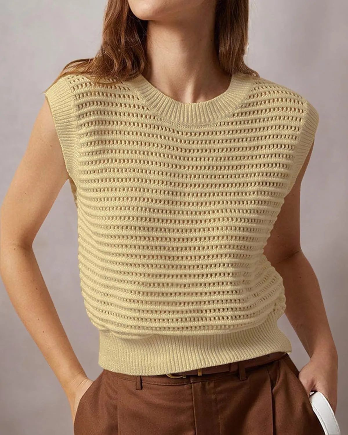 Lueluoye Women's Summer Knit Sweater Vest Cap Sleeve Casual Trendy Crew Neck Ribbed Pullover Tank Tops